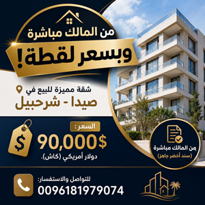 شقة مميزة للبيع في صيدا - شرحبيل 