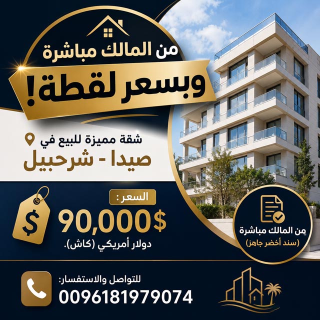 شقة مميزة للبيع في صيدا - شرحبيل