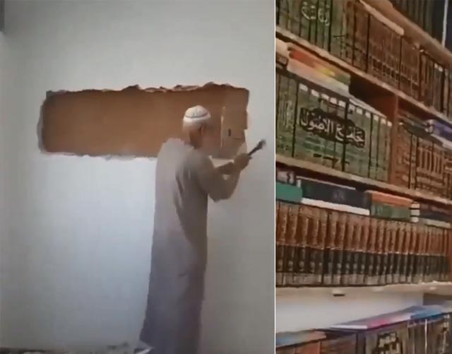 سوري يعود إلى منزله في دمشق بعد 15 عاماً ويهدم جداراً أخفى خلفه مكتبة كاملة